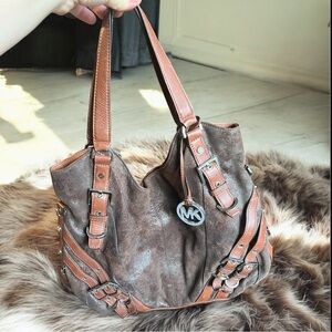 Michael Kors Distressed Brown Shoulder Bag with Tan Accents